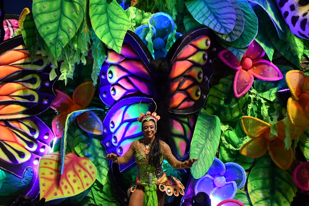 Revellers of the Tom Maior samba school perform during the first night of carnival in Sao Paulo, Brazil, at the city's Sambadrome early on February 10, 2018. / AFP PHOTO / Nelson ALMEIDA